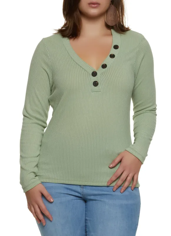 Plus Size Faux Button V Neck Top sold by Rainbow