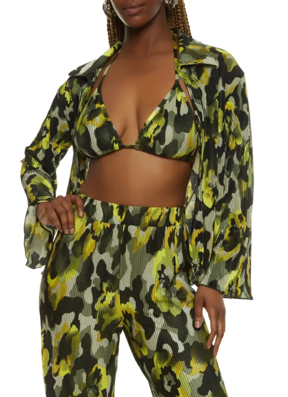 Patterned Plisse Open Front Shirt with Halter Top sold by Rainbow