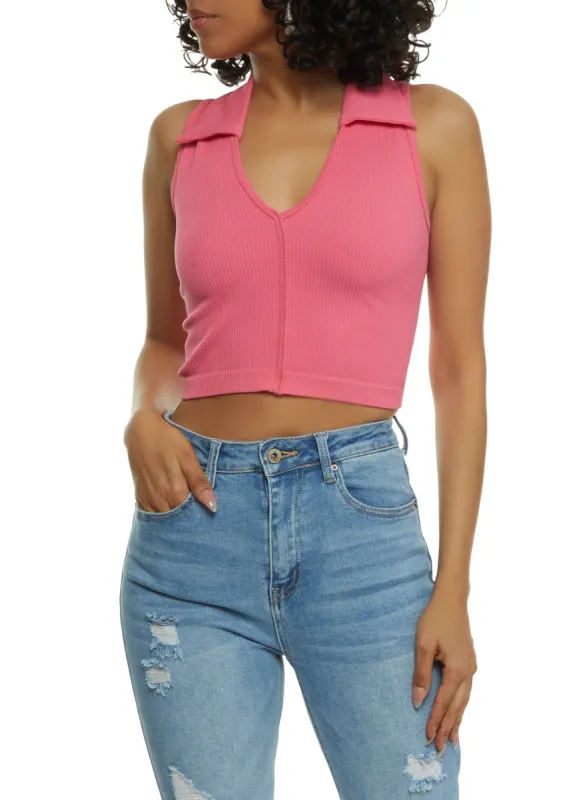 Seamless Rib Knit Collared Crop Top sold by Rainbow