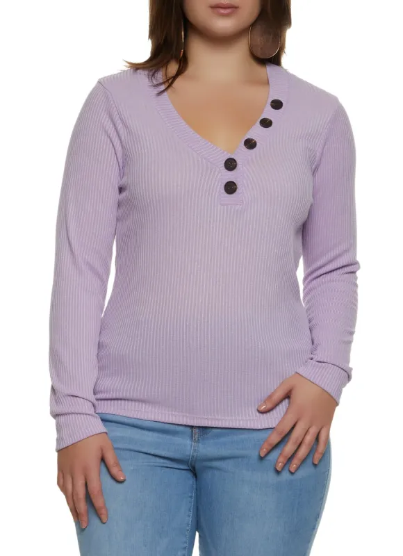 Plus Size Faux Button V Neck Top sold by Rainbow