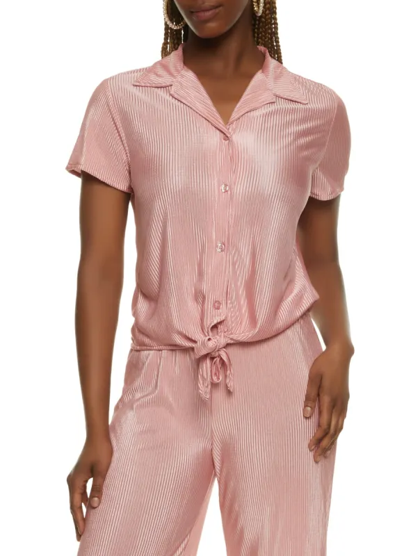 Plisse Button Down Tie Front Shirt sold by Rainbow