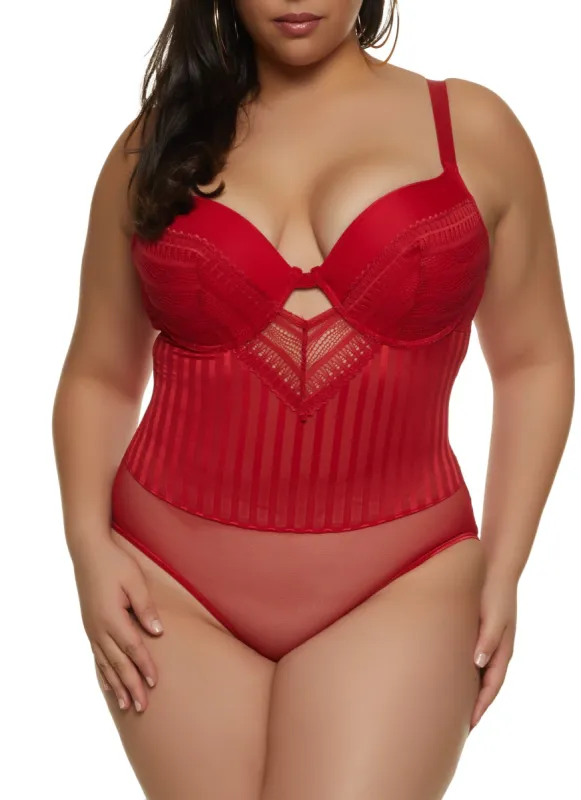 Plus Size Shadow Stripe Keyhole Lace Bodysuit sold by Rainbow