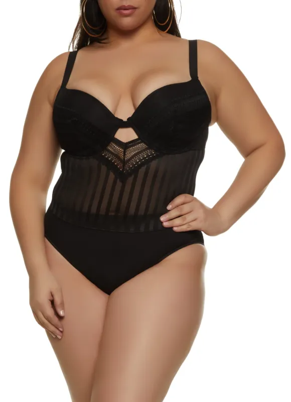 Plus Size Shadow Stripe Keyhole Lace Bodysuit sold by Rainbow