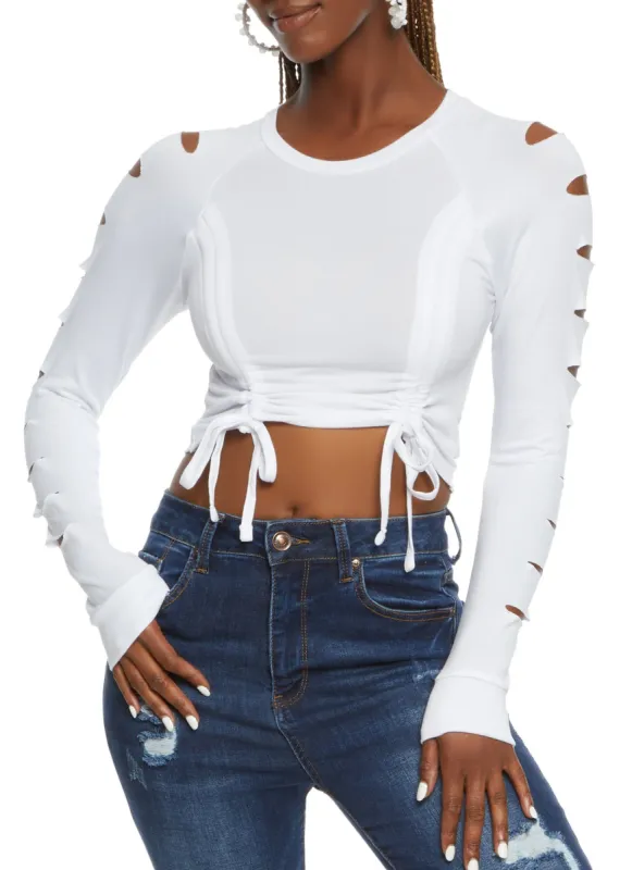 Laser Cut Sleeve Ruched Front Crop Top sold by Rainbow