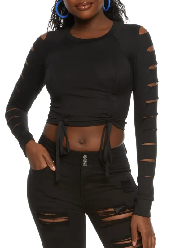 Laser Cut Sleeve Ruched Front Crop Top sold by Rainbow