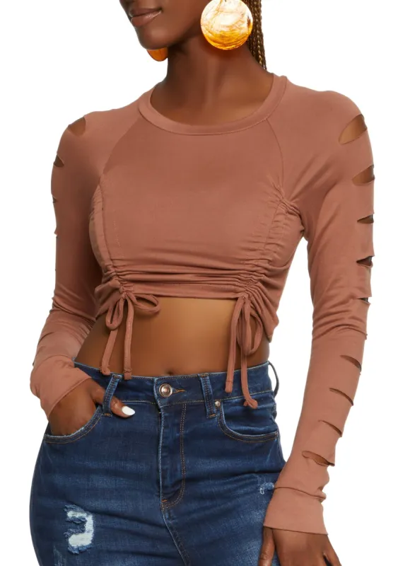 Laser Cut Sleeve Ruched Front Crop Top sold by Rainbow
