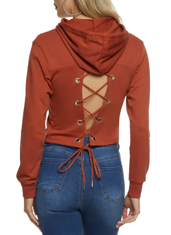 Lace Up Back Pullover Cropped Hoodie sold by Rainbow