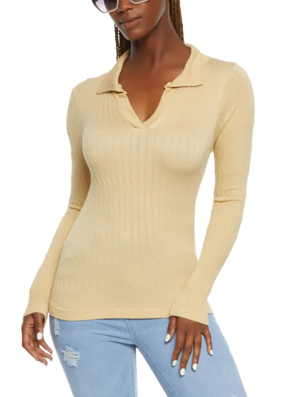 Seamless Cable Knit Long Sleeve Collared Top sold by Rainbow