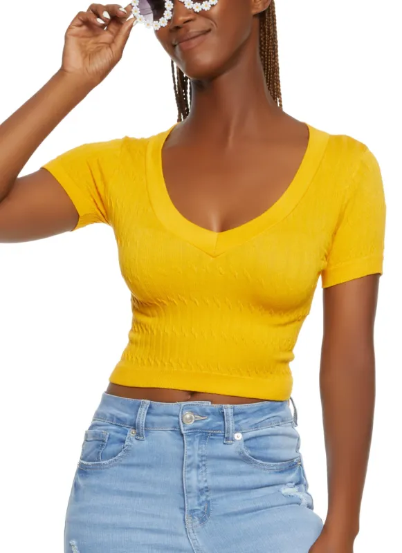 Seamless Cable Knit V Neck Crop Top sold by Rainbow