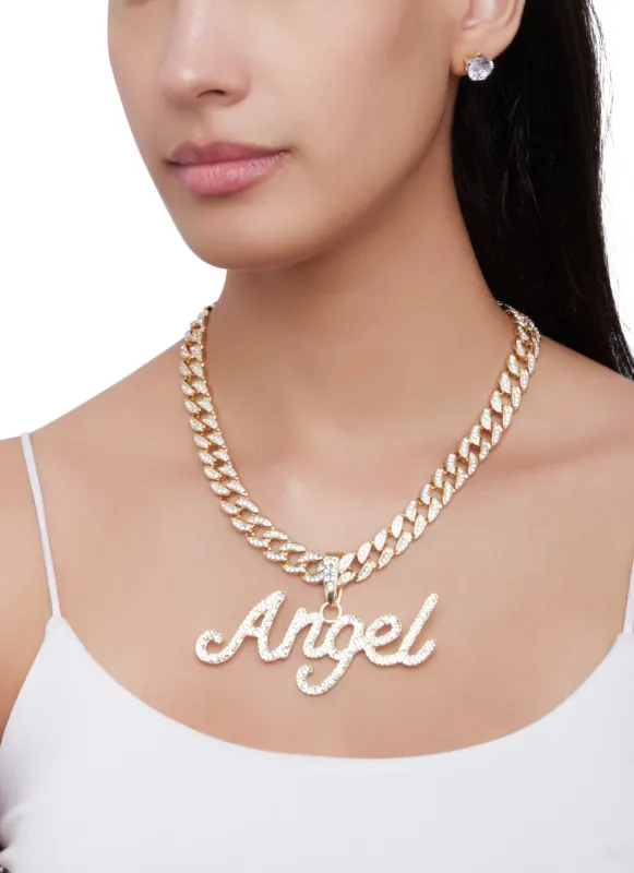 Angel Rhinestone Cuban Link Necklace and Earrings sold by Rainbow