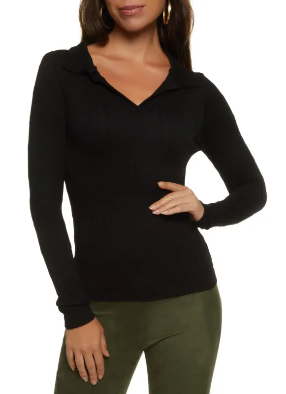 Seamless Cable Knit Long Sleeve Collared Top sold by Rainbow