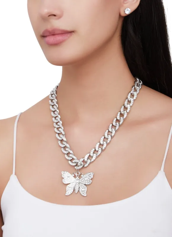Rhinestone Butterfly Cuban Link Necklace and Earrings sold by Rainbow