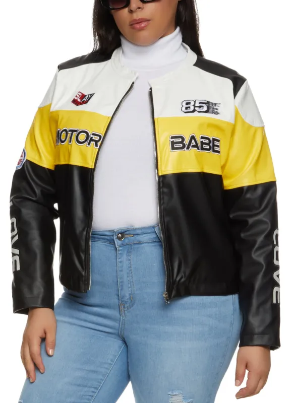 Plus Size Faux Leather Motor Babe Graphic Moto Jacket sold by Rainbow