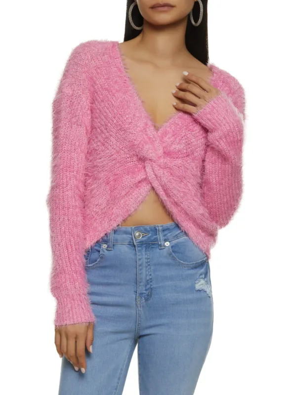 Eyelash Knit Twist Front Pullover Sweater sold by Rainbow