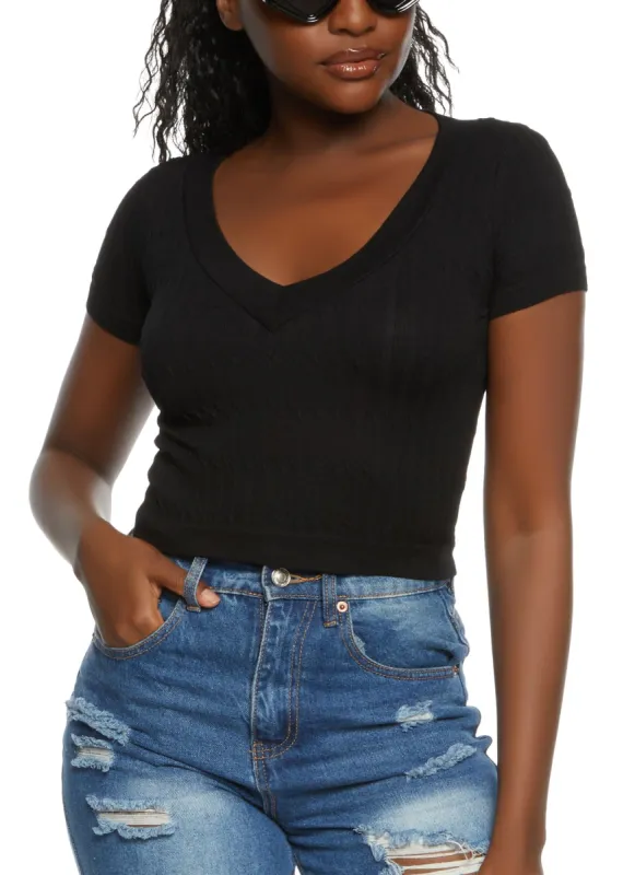 Seamless Cable Knit V Neck Crop Top sold by Rainbow
