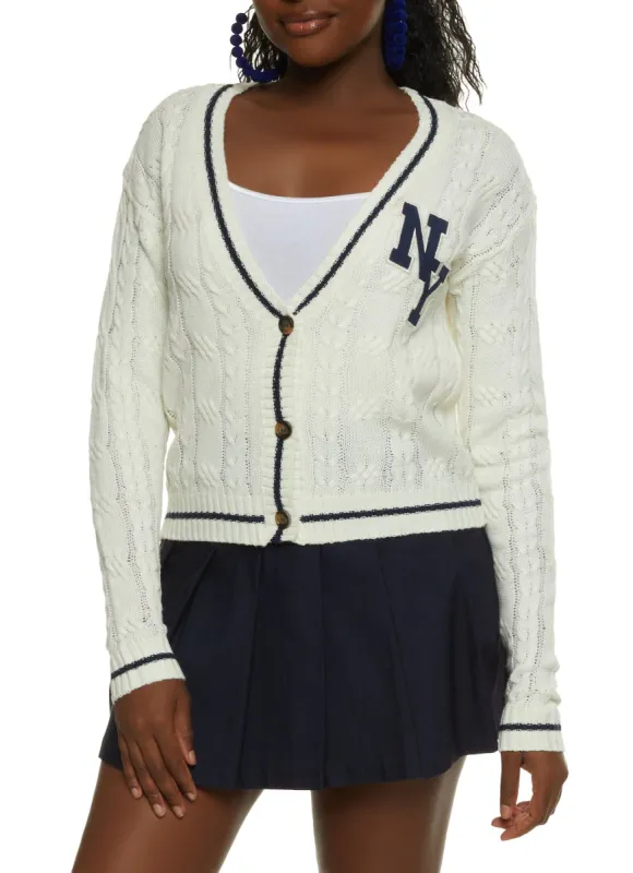 NY Patch Cable Knit Varsity Cardigan sold by Rainbow