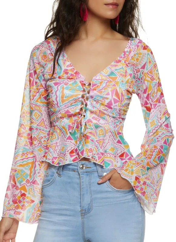 Printed Lace Up Bell Sleeve Top sold by Rainbow
