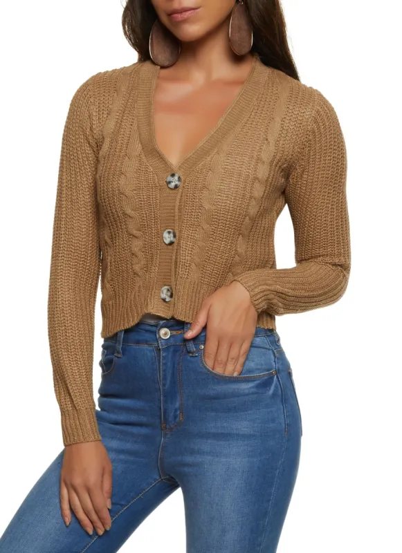 Solid Cable Knit Cropped Cardigan sold by Rainbow