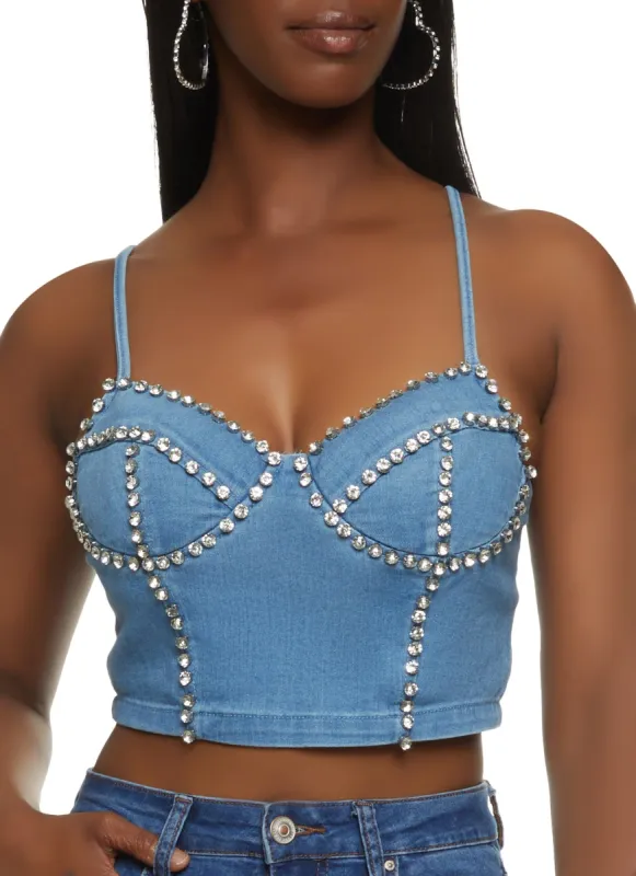 Rhinestone Trim Denim Bustier Top sold by Rainbow