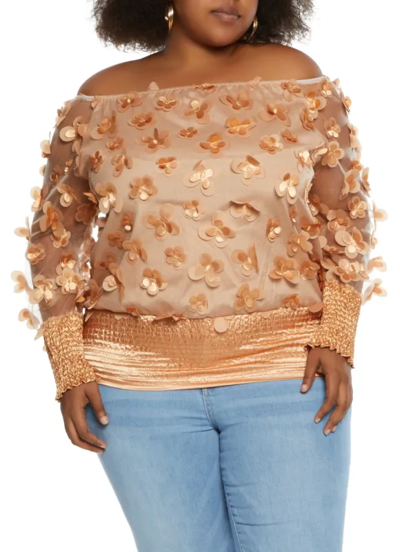 Plus Size Floral Applique Off the Shoulder Blouse sold by Rainbow