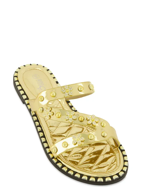 Floral Rhinestone Slide Sandals sold by Rainbow