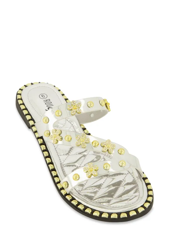 Floral Rhinestone Slide Sandals sold by Rainbow
