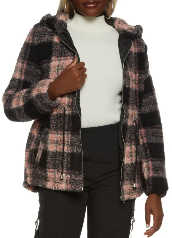 Plaid Cinched Waist Hooded Sherpa Jacket sold by Rainbow
