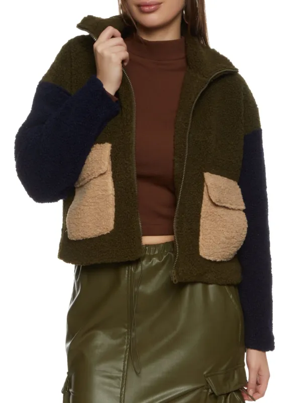 Sherpa Color Block Zip Front Teddy Jacket sold by Rainbow