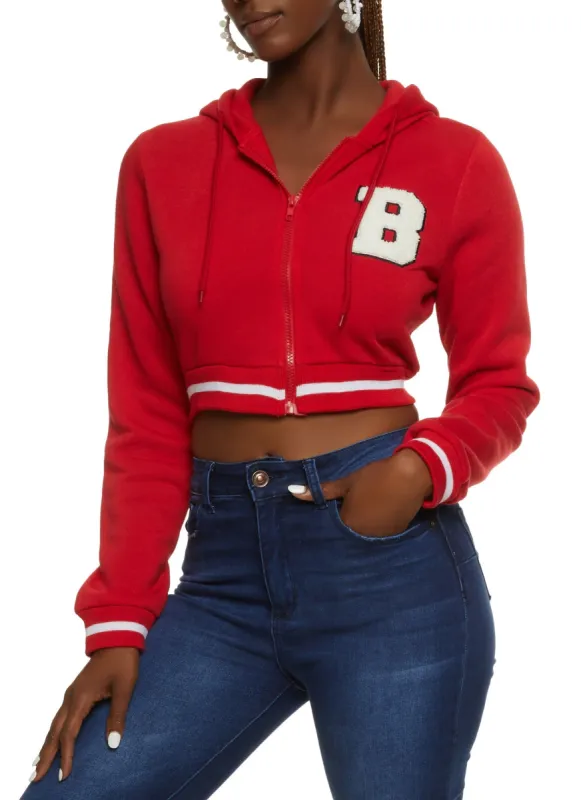 B Initial Chenille Patch Cropped Hoodie sold by Rainbow