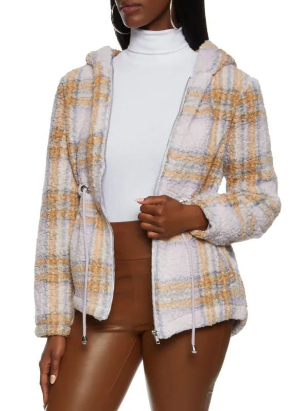 Plaid Cinched Waist Hooded Sherpa Jacket sold by Rainbow