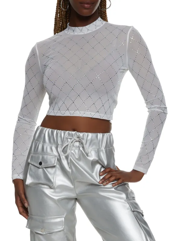 Mesh Rhinestone Studded Long Sleeve Crop Top sold by Rainbow