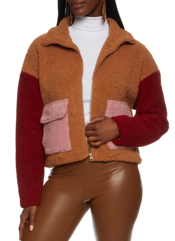 Sherpa Color Block Zip Front Teddy Jacket sold by Rainbow