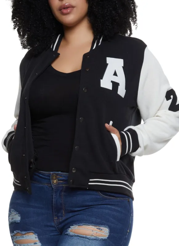 Plus Size Fleece Graphic Patch Baseball Jacket sold by Rainbow