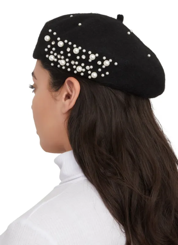 Faux Pearl Rhinestone Embellished Beret sold by Rainbow
