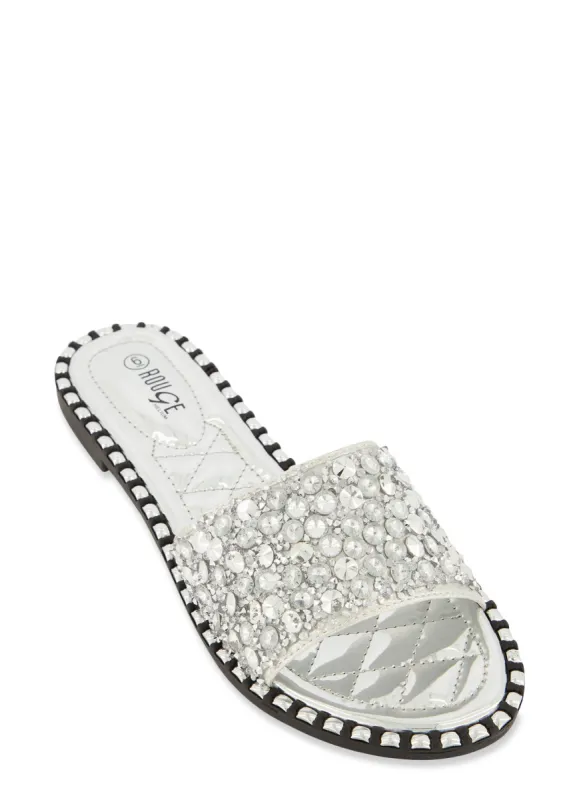 Metallic Studded Trim Rhinestone Band Slide Sandals sold by Rainbow