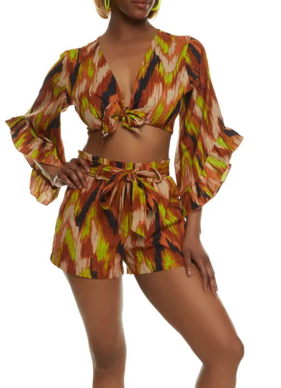 Linen Printed Tie Front Bell Sleeve Blouse sold by Rainbow