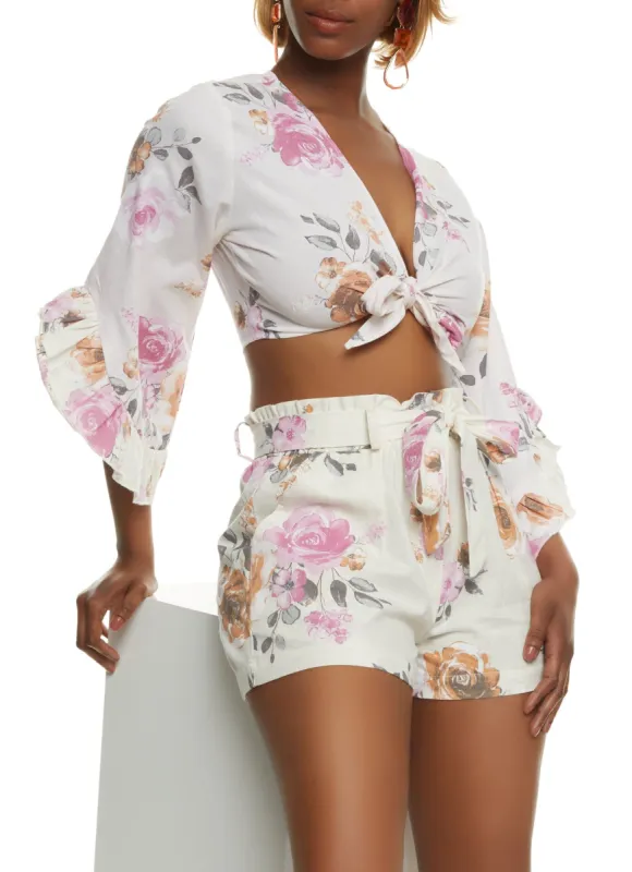 Linen Printed Tie Front Bell Sleeve Blouse sold by Rainbow