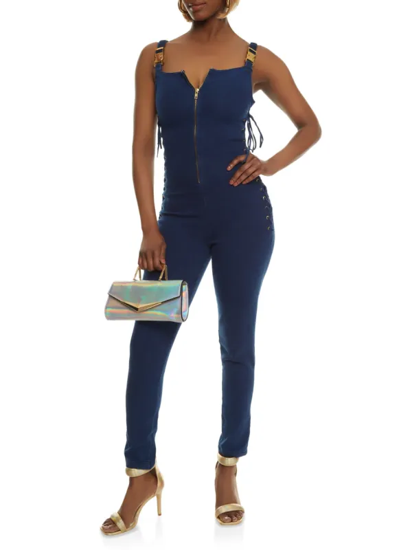 Denim Zip Front Buckle Strap Jumpsuit sold by Rainbow