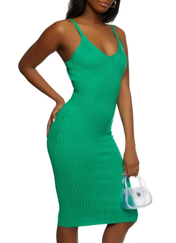 Ribbed Knit V Neck Cami Midi Dress sold by Rainbow