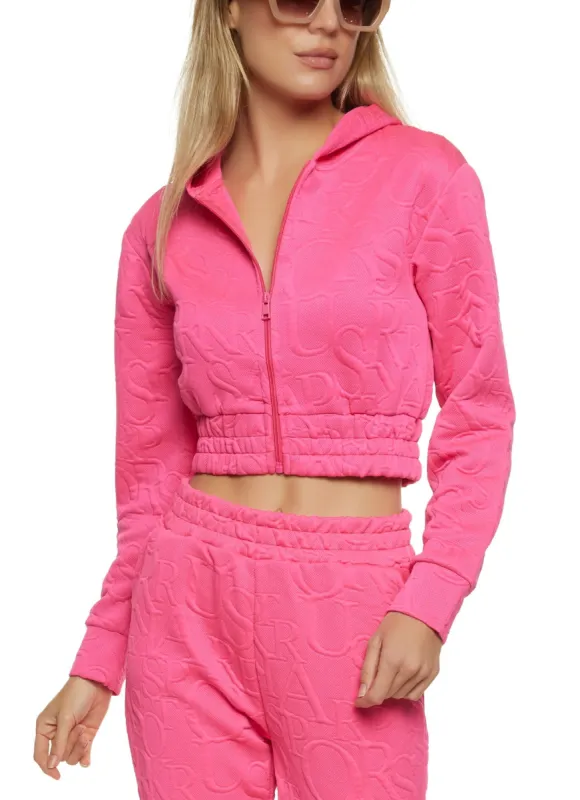 Embossed Zip Front Cropped Hoodie sold by Rainbow