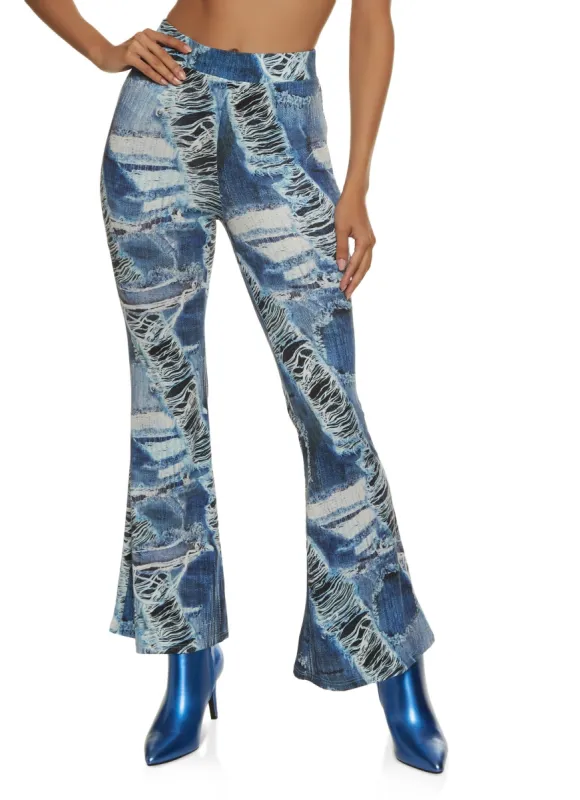 Distressed Print High Waist Flare Pants sold by Rainbow