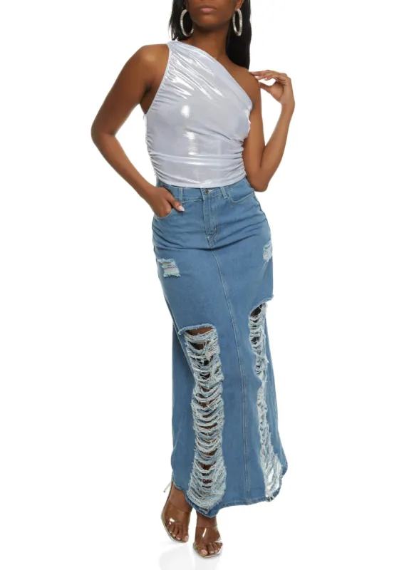 Slashed Distressed Denim Maxi Skirt sold by Rainbow
