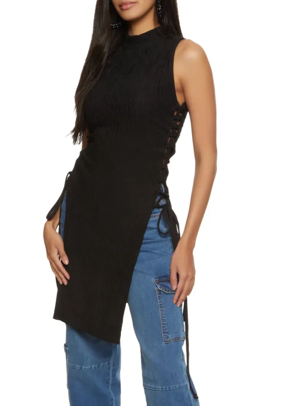 Textured Knit Sleeveless Lace Up Side Top sold by Rainbow
