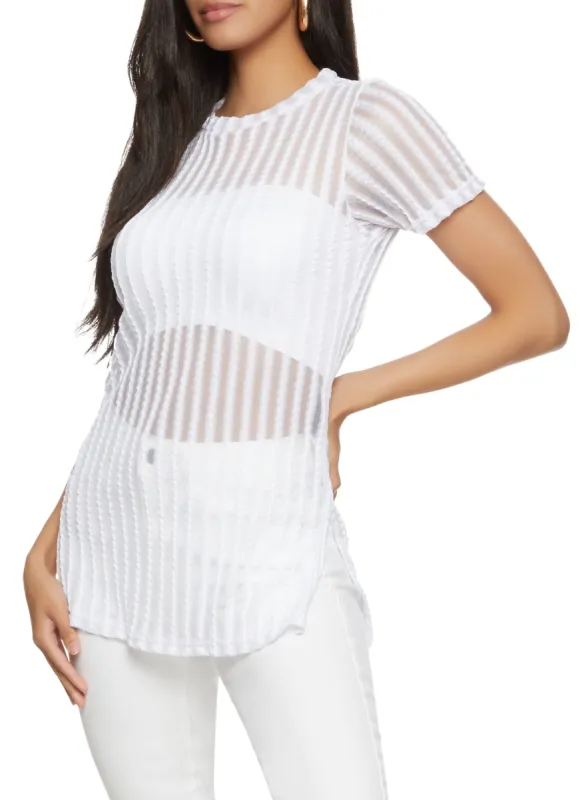 Striped Mesh Detail Side Slit Tunic Top sold by Rainbow