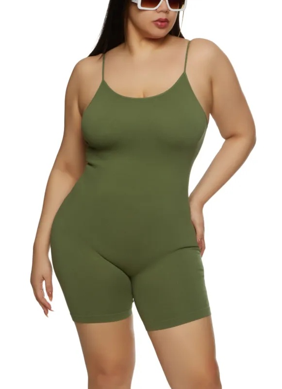 Plus Size Seamless Ribbed Cami Romper sold by Rainbow