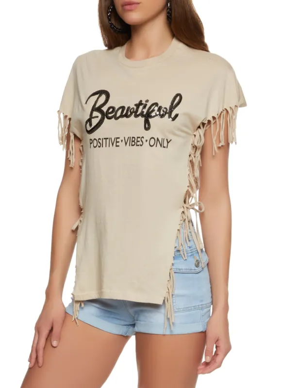Beautiful Positive Vibes Only Sequin Fringe Graphic Top sold by Rainbow