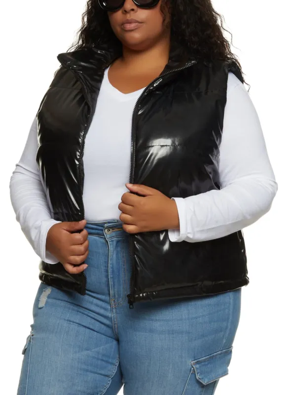 Plus Size Zip Front Faux Patent Leather Puffer Vest sold by Rainbow