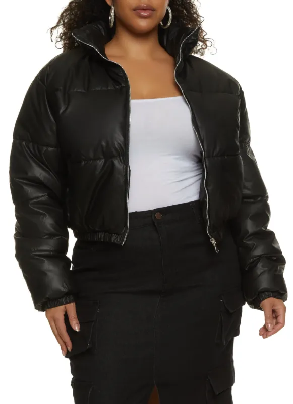 Plus Size Faux Leather Zip Front Puffer Jacket sold by Rainbow