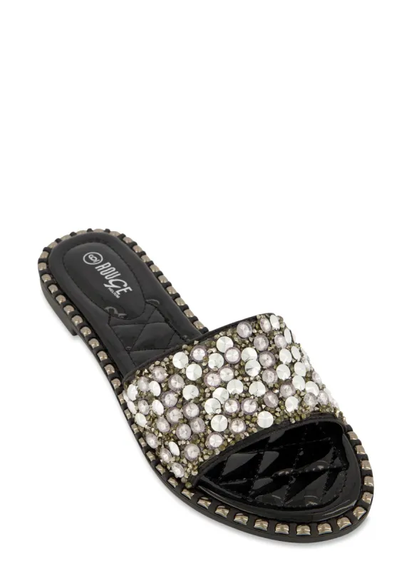 Metallic Studded Trim Rhinestone Band Slide Sandals sold by Rainbow