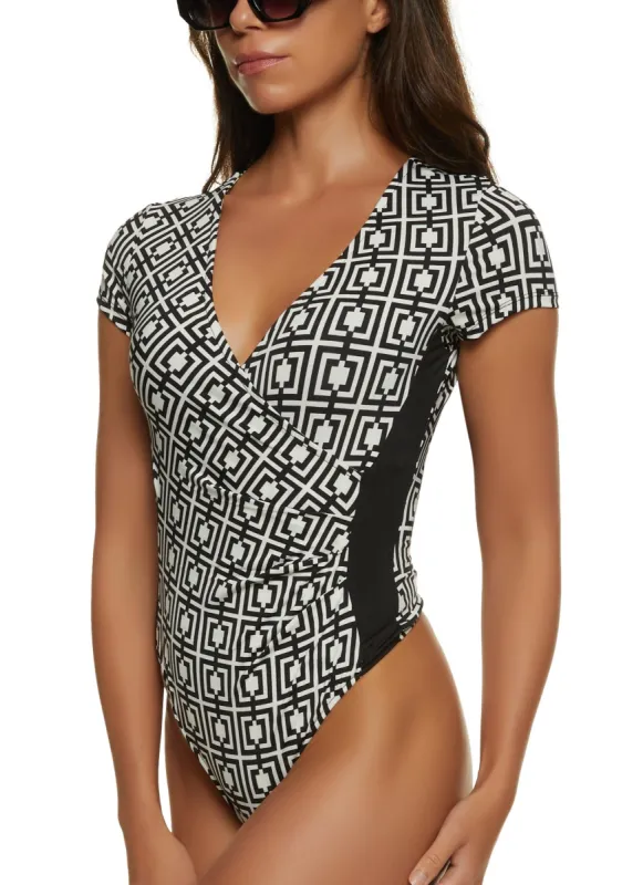Printed Faux Wrap Short Sleeve Bodysuit sold by Rainbow